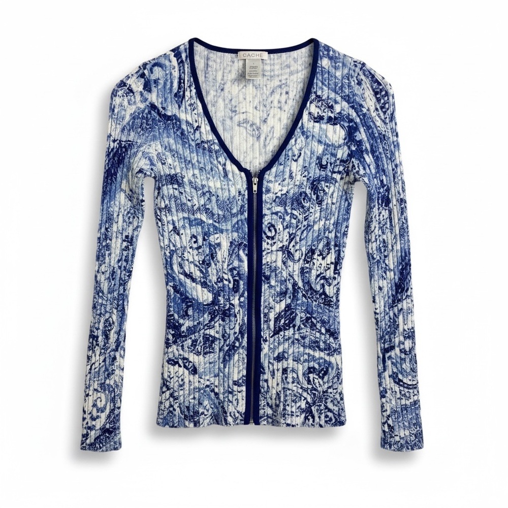 Cache Y2K Blue Paisley Zip Front Ribbed Top Size M 2000s Fitted Cardigan